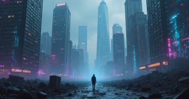 Futurystyczne miasto duchów AI. Neonowe wieżowce i elektroniczne nagrobki symbolizują upadłe projekty.