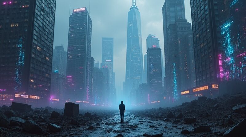 Futurystyczne miasto duchów AI. Neonowe wieżowce i elektroniczne nagrobki symbolizują upadłe projekty.