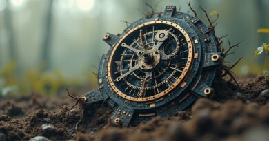 Złożony mechanizm zegarowy z korzeniami, wydobywający się z ziemi. Neonowe akcenty.