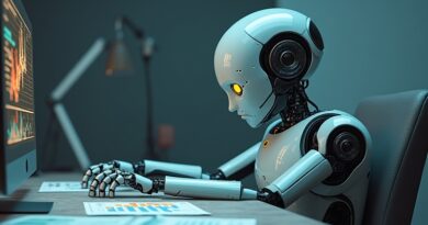 Melancholijny robot przy biurku zasypanym danymi; rozczarowanie AI pośród niebiesko-szarych barw.
