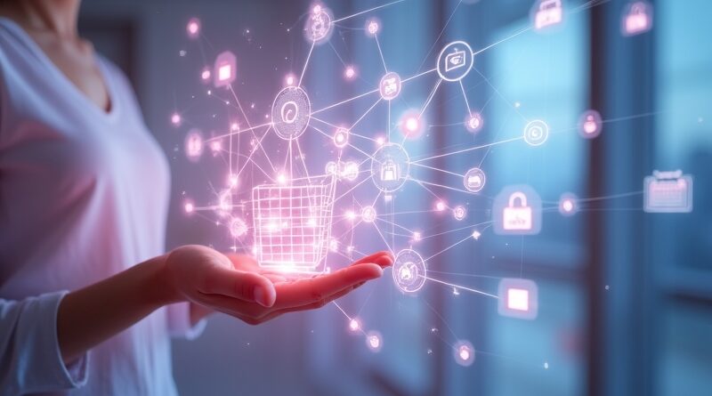 Abstrakcyjna, cyfrowa recepcjonistka RingCentral AIR. Połączenie ikonicznych usług: wiadomości, kalendarz, e-commerce.