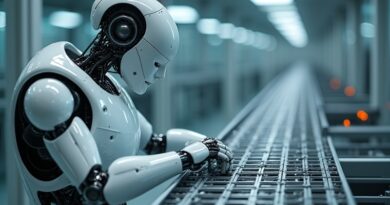 Humanoidalny robot precyzyjnie montuje części na futurystycznej linii produkcyjnej w błękitno-srebrnej scenerii.