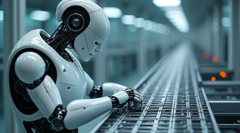 Humanoidalny robot precyzyjnie montuje części na futurystycznej linii produkcyjnej w błękitno-srebrnej scenerii.