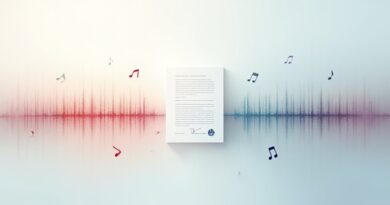 Abstrakcyjne fale dźwiękowe przechodzące w transparentny dokument prawny, nuty, pastelowe barwy.