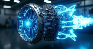 Futurystyczny silnik strumieniowy zaprojektowany przez AI, błękitna energia, laboratorium high-tech, render 8K.
