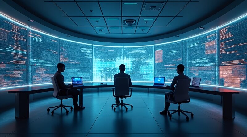 Futurystyczne centrum sterowania radiem AI. Hologramy pięciu osobowości AI analizują dane w czasie rzeczywistym.