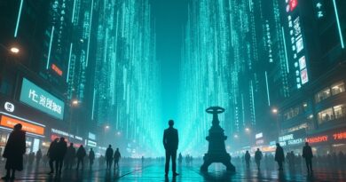 Neonowy cyberpunk. Data w formie chińskiej kaligrafii. Jednostka kontempluje przyszłość AI.