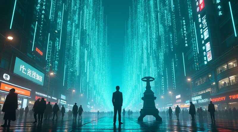 Neonowy cyberpunk. Data w formie chińskiej kaligrafii. Jednostka kontempluje przyszłość AI.