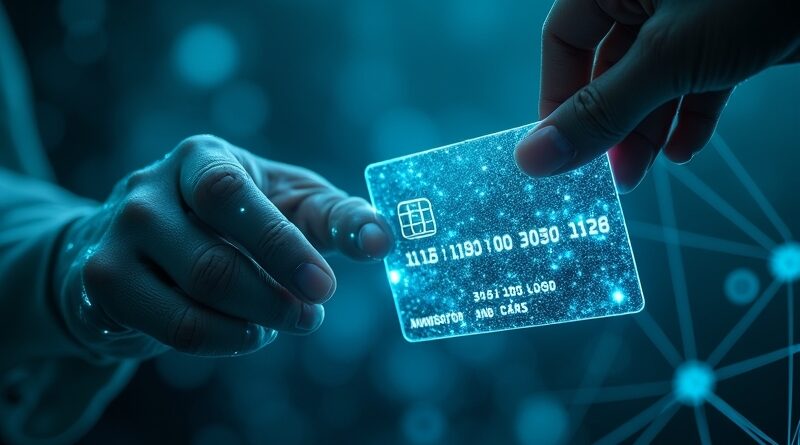 Przezroczysty hologram agenta AI płaci świecącą kartą Coinbase nad świetlną siecią blockchain.