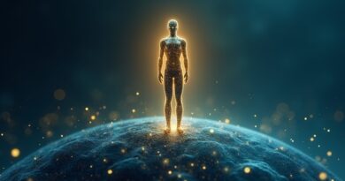 Złota postać Anthropic nad blockchain, srebrna OpenAI w tle, gradient niebiesko‑zielony, symbole tokenów i dane.