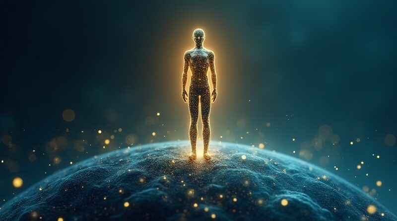 Złota postać Anthropic nad blockchain, srebrna OpenAI w tle, gradient niebiesko‑zielony, symbole tokenów i dane.
