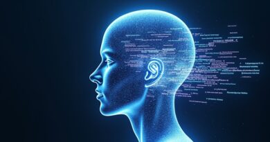 Półprzezroczysta głowa wypełniona świetlistym kodem przechodzącym w zdania, odbicie w lustrze, neonowy cyberpunk.