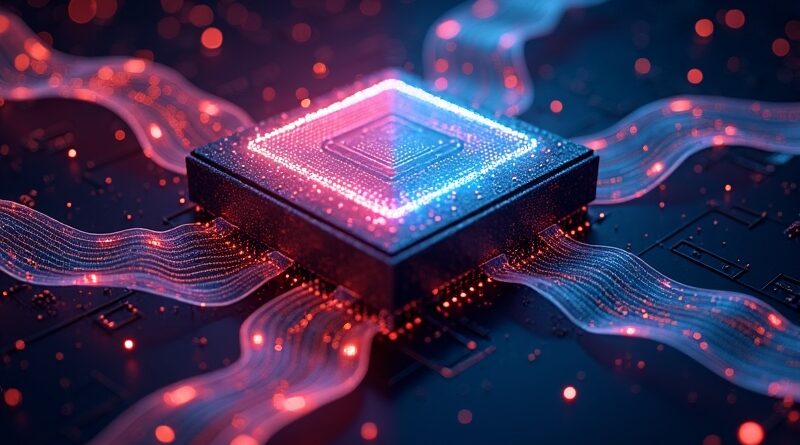 Świecący rdzeń GPU otoczony wstęgami tokenów, po lewej otwarty kod MIT, po prawej zamknięty TensorRT‑LLM