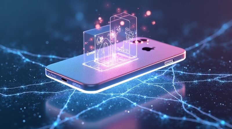 iPhone 18 Pro zawisający nad świetlną siatką neuronową, ikony Gemini i Claude w holograficznym Siri