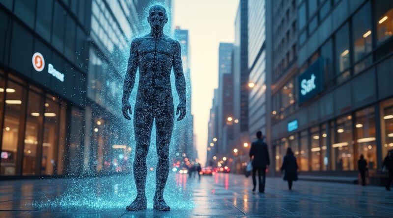 Luminescencyjna postać AI z danymi na giełdzie, hologramy analityczne i rozmyte Excela w tle