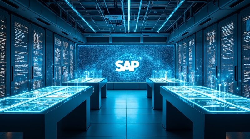 Futurystyczne centrum danych: holograficzne tabele, niebieskie węzły sieci, tarczowa ściana z logo SAP, niebiesko‑złote światło