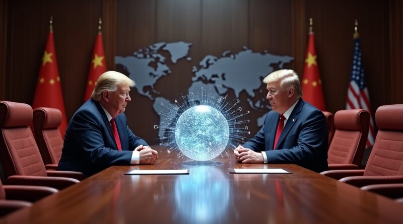 Trump i Xi naprzeciw, między nimi sfera AI, flagi USA i Chin, dane w tle.