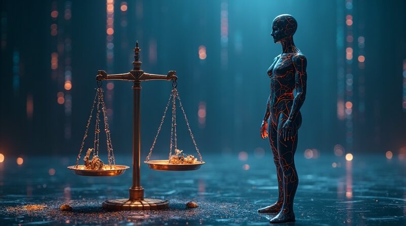 Futurystyczna sala sądowa: hologram AI przy wadze, lewa szala pękająca Section 230, kody w tle.