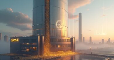 Futuryczna panorama miasta z metalowym piecem wypuszczającym złote monety, logo OpenAI, unoszące się wykresy.