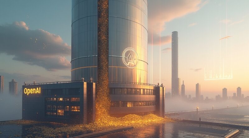 Futuryczna panorama miasta z metalowym piecem wypuszczającym złote monety, logo OpenAI, unoszące się wykresy.