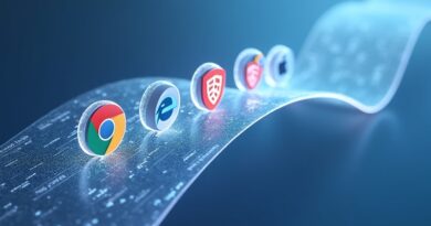 Przezroczysty most z kodu łączy ikony Chrome, Edge, Brave z ikoną macOS, niebiesko‑srebrny, płaski styl.