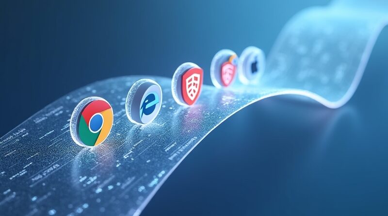 Przezroczysty most z kodu łączy ikony Chrome, Edge, Brave z ikoną macOS, niebiesko‑srebrny, płaski styl.