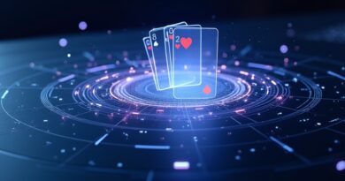 Futurystyczny stół pokerowy z holograficznymi kartami, neonowym niebiesko‑fioletowym oświetleniem i kodami algorytmicznymi