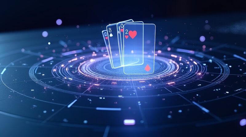 Futurystyczny stół pokerowy z holograficznymi kartami, neonowym niebiesko‑fioletowym oświetleniem i kodami algorytmicznymi