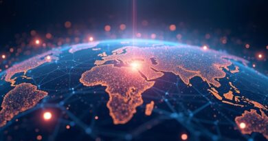 Świecąca sieć neuronowa na globie, wieże data center, satelity, węzły edge, świetlna dłoń, neonowe tło