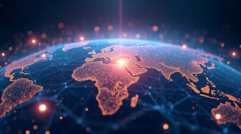Świecąca sieć neuronowa na globie, wieże data center, satelity, węzły edge, świetlna dłoń, neonowe tło