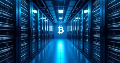 Nowoczesne centrum danych w niebieskim świetle, serwery GPU i rozmywający się symbol Bitcoin w kodzie.