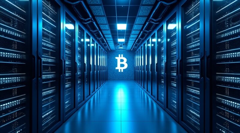 Nowoczesne centrum danych w niebieskim świetle, serwery GPU i rozmywający się symbol Bitcoin w kodzie.