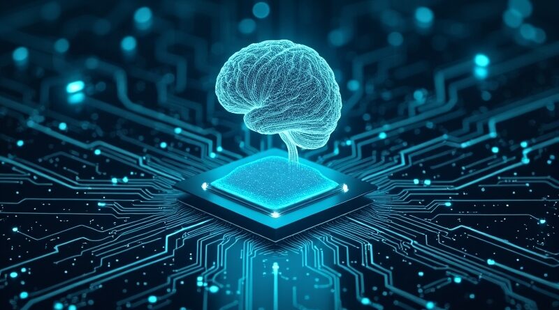 Niebiesko‑srebrne tło z pulsującymi obwodami danych, ikoną blockchain i mózgiem sieci neuronowej nad salą handlową