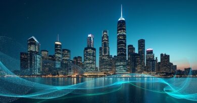 Australiańska skyline bankowa o zmierzchu, jasne wieże, pulsujące niebiesko‑zielone kody, pękające tarcze, Gwiazda Południa