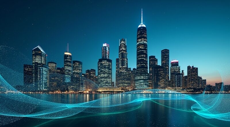 Australiańska skyline bankowa o zmierzchu, jasne wieże, pulsujące niebiesko‑zielone kody, pękające tarcze, Gwiazda Południa