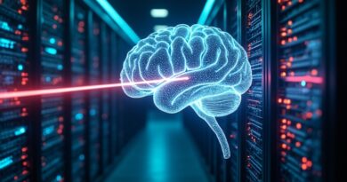 Futuryczne centrum danych z mózgopodobną siecią neuronową przeciętą laserem, akcenty kolorów flagi rosyjskiej