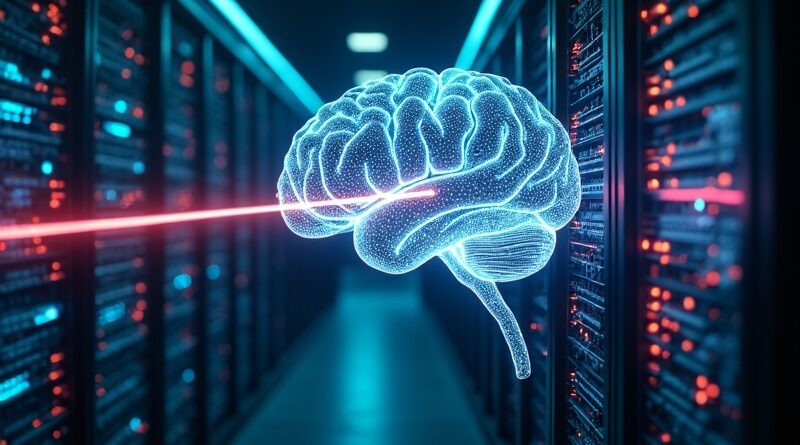 Futuryczne centrum danych z mózgopodobną siecią neuronową przeciętą laserem, akcenty kolorów flagi rosyjskiej