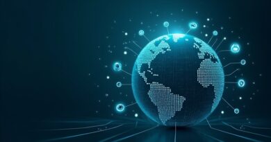 Nowoczesna wizja Visa jako OS pieniądza: glob z obwodami, logo Visa, symbole blockchain i AI