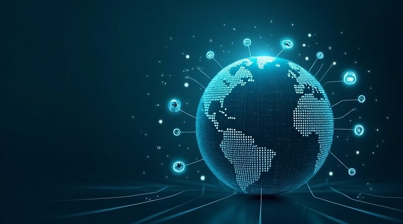 Nowoczesna wizja Visa jako OS pieniądza: glob z obwodami, logo Visa, symbole blockchain i AI