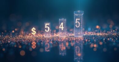 Sieć neuronowa z pęknięciami nad rejestrem finansowym ukazującą spadek 10→6 mld USD, gradient niebiesko‑złoty