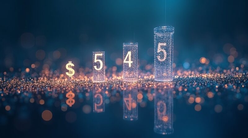 Sieć neuronowa z pęknięciami nad rejestrem finansowym ukazującą spadek 10→6 mld USD, gradient niebiesko‑złoty