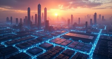 Futurystyczna fabryka półprzewodników, systemy EUV i płytki krzemowe w złotym świetle.