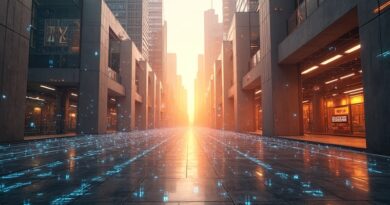Wall Street z niepokojącymi traderami po lewej; futurystyczne centra danych z chipami AI po prawej.