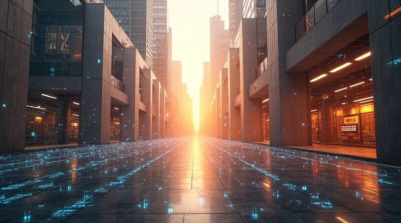 Wall Street z niepokojącymi traderami po lewej; futurystyczne centra danych z chipami AI po prawej.
