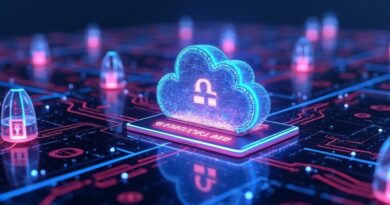 Futurystyczny krajobraz cyfrowy: geometryczne ikony agenta AI, blockchain, symbol USDC, chmura, strumienie danych