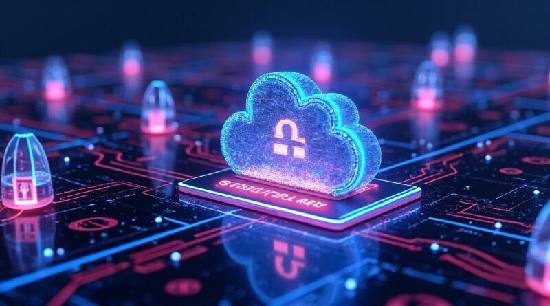 Futurystyczny krajobraz cyfrowy: geometryczne ikony agenta AI, blockchain, symbol USDC, chmura, strumienie danych