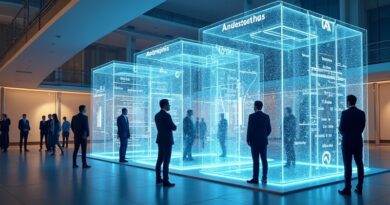 Nowoczesna ilustracja siedziby UE w Brukseli, hologramy AI OpenAI i Anthropic, dyplomaci, strumienie danych, błękit‑złoto