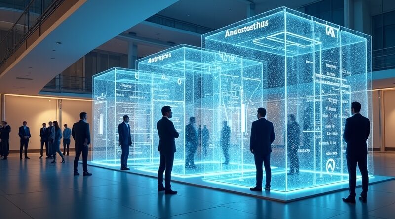 Nowoczesna ilustracja siedziby UE w Brukseli, hologramy AI OpenAI i Anthropic, dyplomaci, strumienie danych, błękit‑złoto