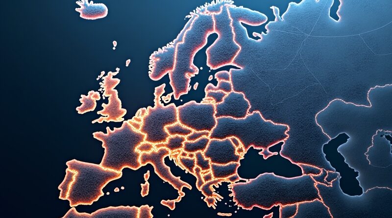 Ogromny futurystyczny silnik z EU‑owym wzorem, otoczony świetlnymi avatarami AI nad mapą Europy.