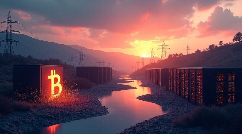 Mining bitcoin rozpuszcza się w świetle, po prawej nowoczesne centrum danych AI na tle wzgórz.